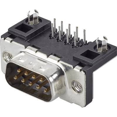 Een D-Sub-connector met negen metalen pinnen en bevestigingsgaten, gebruikelijk gebruikt voor seriële interfaces in computers.