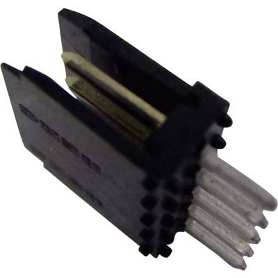 Een kleine, zwarte elektronische stekker met vier metalen pinnen die naar beneden wijzen. De stekker heeft een rechthoekige vorm.