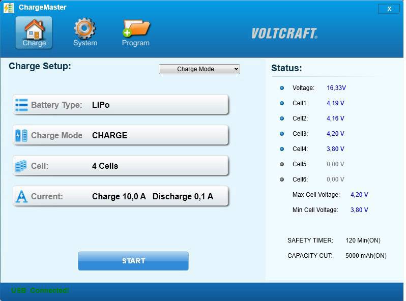 'ChargeMaster'-scherm toont ladinstellingen: Batterijtype LiPo, laadstatus van 4 cellen bij 16,33V. Start-knop onderaan.