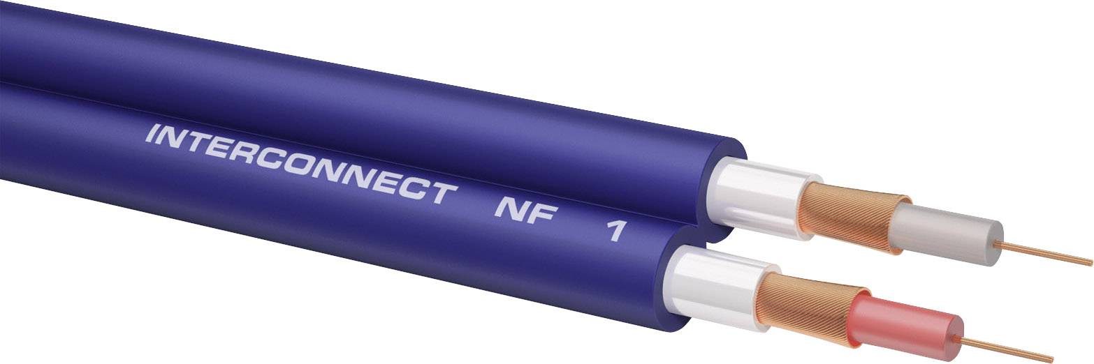 Twee blauwe, parallelle kabels met het opschrift 'INTERCONNECT NF 1'. Beide kabels tonen hun koperen en zilveren binnenaders.