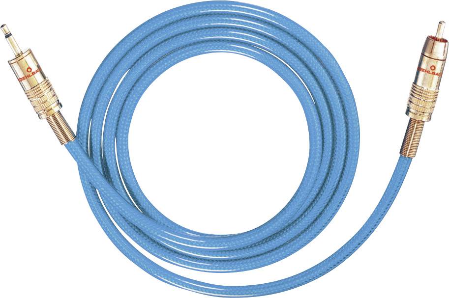 Een blauw audiokabel met RCA-stekkers aan beide uiteinden, geschikt voor het aansluiten van audio-apparaten.