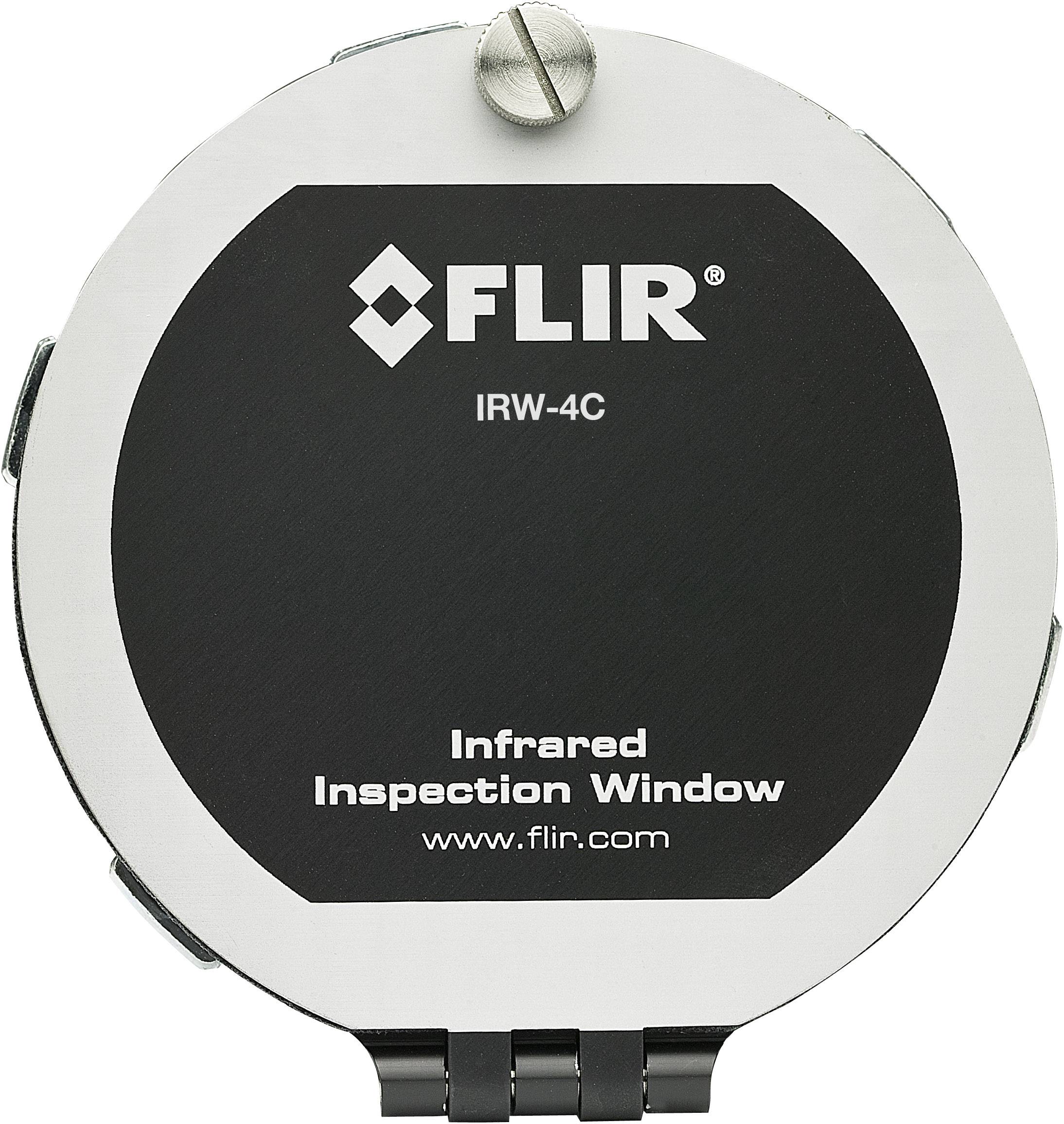 Circulair infrarood-inspectraam met zwart centrum, voorzien van 'FLIR', 'IRW-4C'. Boven een zilveren schroef, onderaan een scharnier.