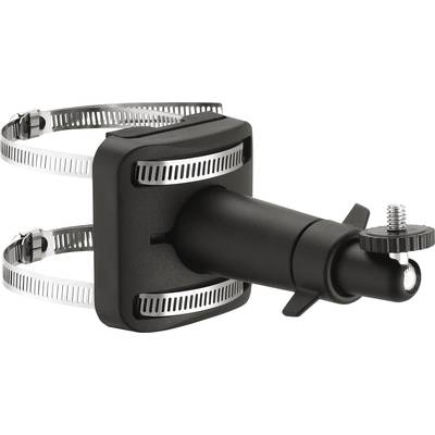 Metalen steun met verstelbare beugels en zwarte kunststof arm, geschikt voor bevestiging aan buizen of palen.