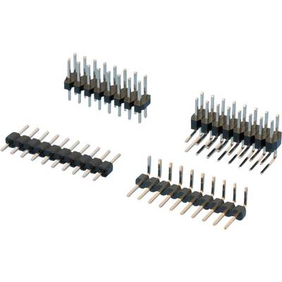 Meerdere dubbele pinnenstrips in verschillende configuraties op een witte achtergrond. Ze worden gebruikt voor elektrische verbindingen.