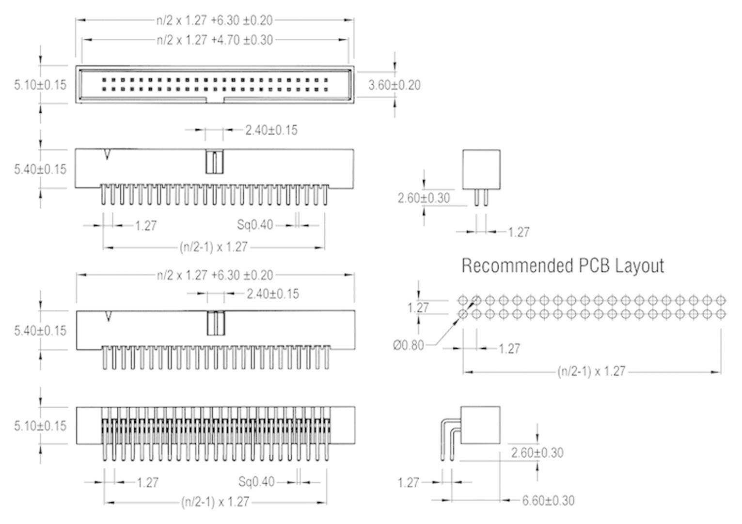 Constructietekening van een connector met afmetingen. Toont rij- en pinbezetting evenals het aanbevolen printplaat-layout.