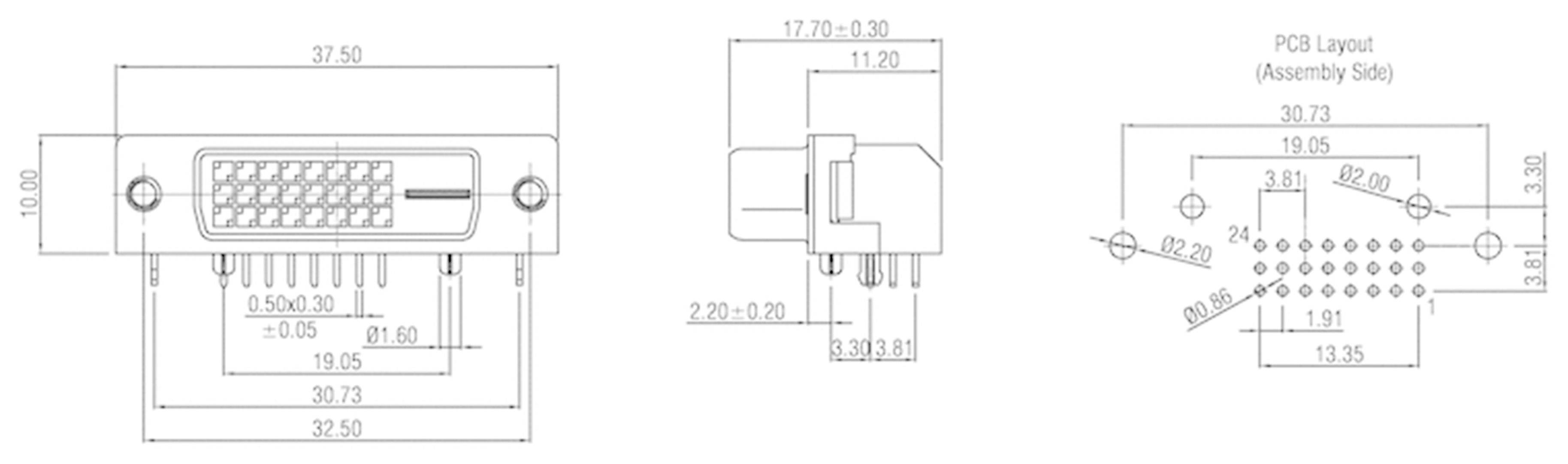 Technische tekening van een connector. Afmetingen en pin-configuratie zijn gedetailleerd weergegeven, inclusief tussenruimten en positionering.