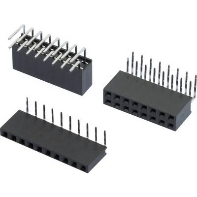 Drie zwarte, rechthoekige stekkers met meerdere metalen pinnen, die worden gebruikt voor elektronische schakelingen.