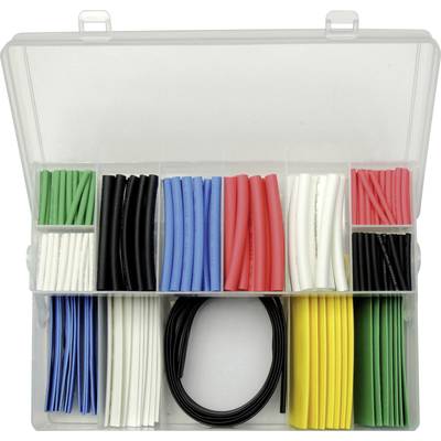 Een openstaande plastic doos toont verschillende kleuren krimpkousen, gesorteerd in vakken: groen, blauw, rood, wit, zwart en geel.
