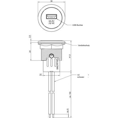 Technische tekening van een USB-stekker. Toont afmetingen, draaibeveiliging en kabeldetails. Spanning: 3A-5V. Kabel: rood en zwart.