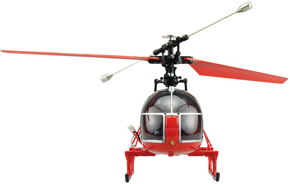 Een rode modelheli met twee rotorbladen, vooraanzicht.