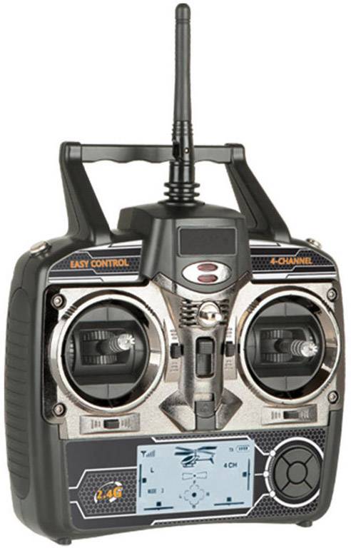 Afstandsbediening voor modelvliegtuigen met twee joysticks, een scherm en verschillende knoppen; gemarkeerd met '4 Channel' en '2.4G'.