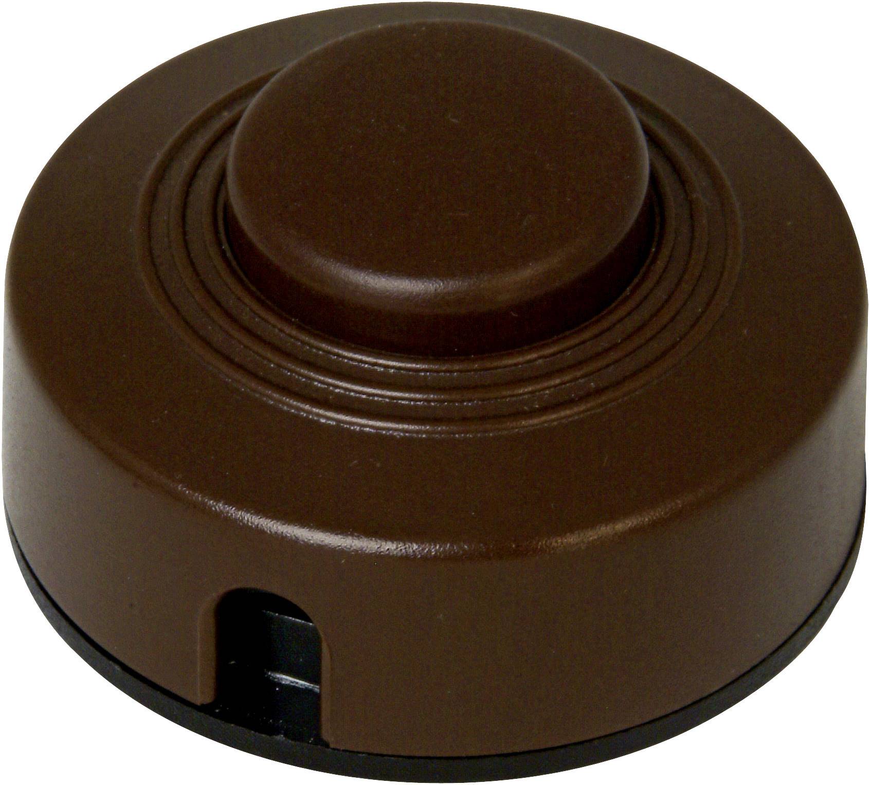 Een ronde, bruine, platte schakelaar met een grote centrale knop, geschikt voor het bedienen van lampen of vergelijkbare apparaten.