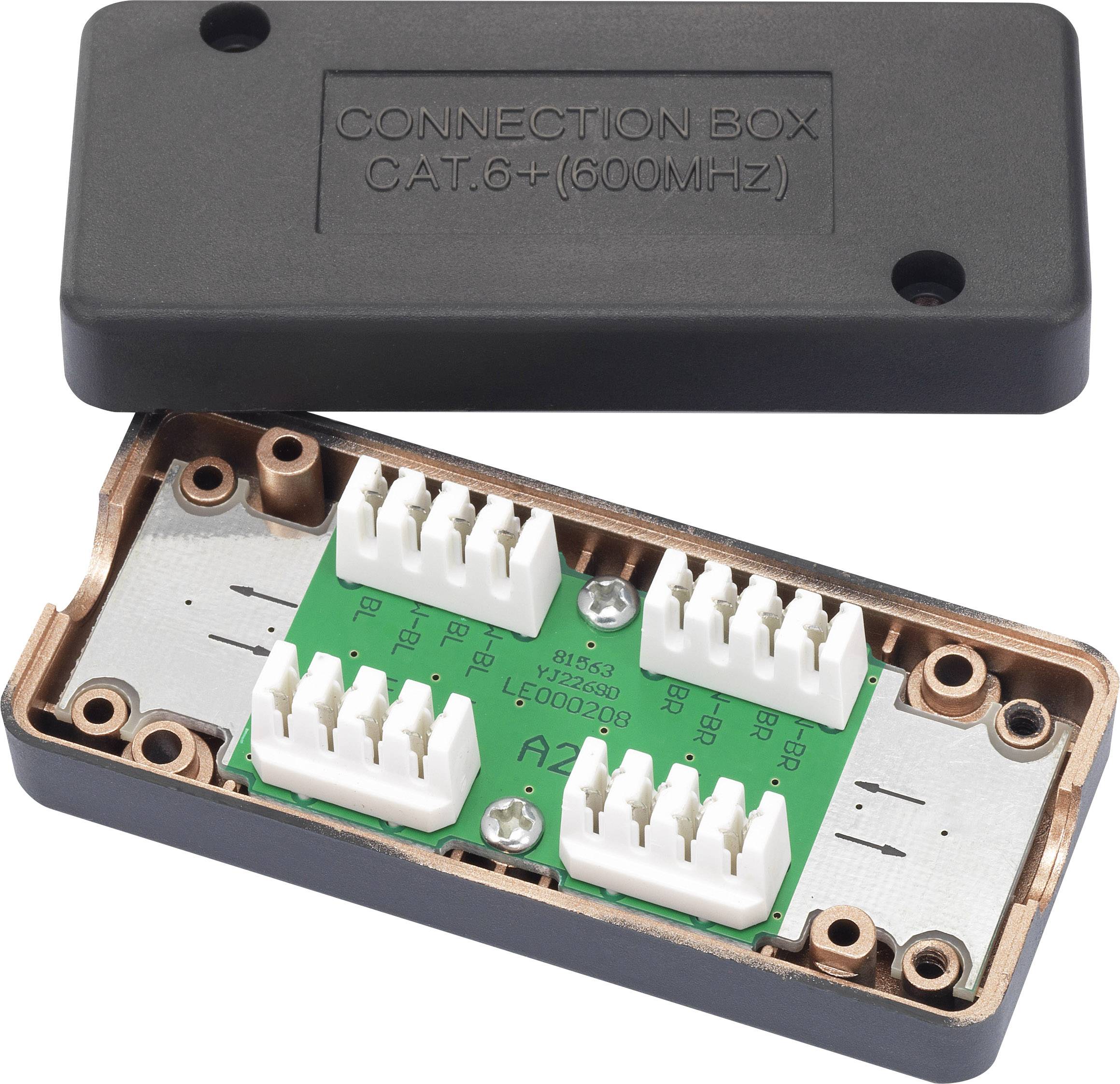 Zwarte aansluitdoos geopend, toont interne groene printplaat met witte aansluitingen. Tekst op doos: 'CONNECTION BOX CAT.6+ (500MHz)'.