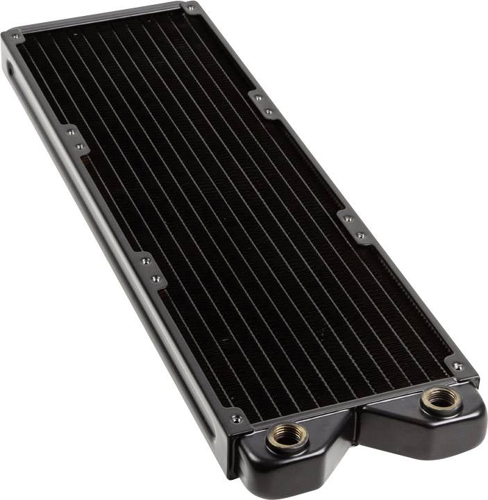 Zwarte computerradiator met meerdere koelribben en twee aansluitingen, voor gebruik in waterkoelsystemen.