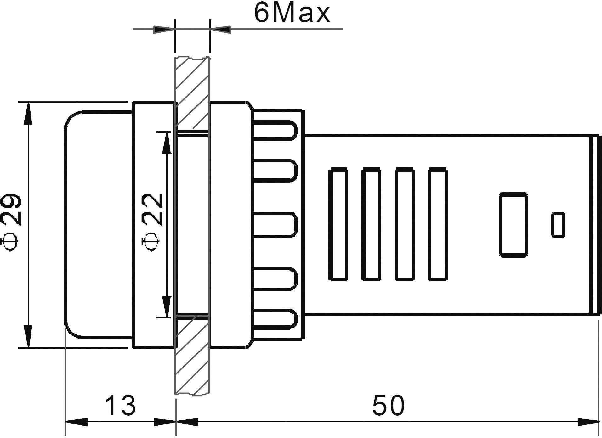 Technische tekening van een cilindrisch element met afmetingen: diameter 29 mm, lengte 50 mm, inbouwlengte 22 mm.