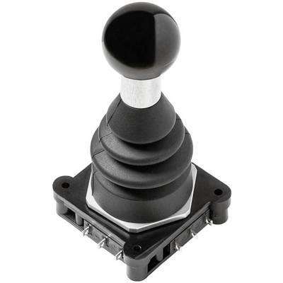 'Een zwarte joystick met bolgreep, gemonteerd op een metalen voet met vier pinnen aan de basis.'