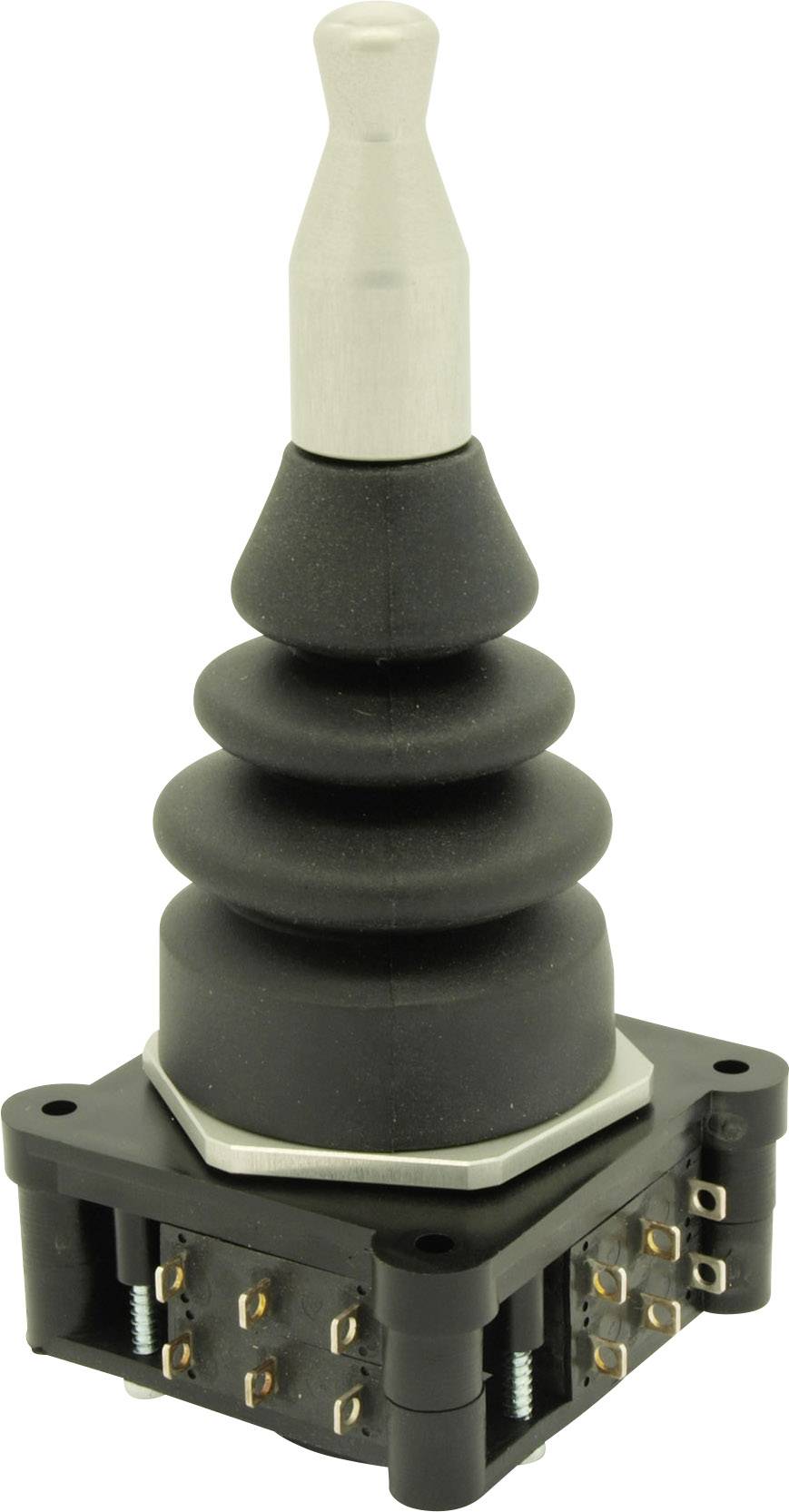 Een zwarte joystick met meerdere knoppen en een zilveren handgreep, geschikt voor industriële besturingen.