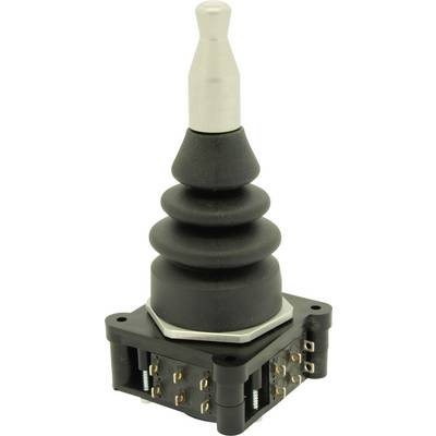 Een zwarte joystick met meerdere knoppen en een zilveren handgreep, geschikt voor industriële besturingen.