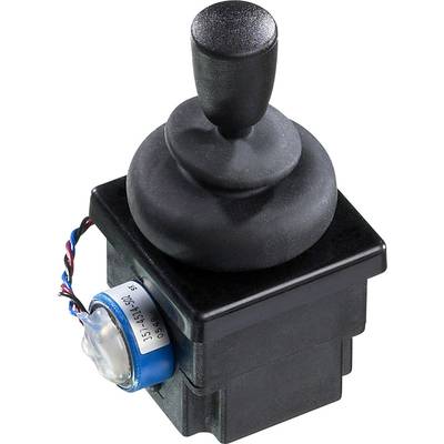 Zwarte joystick met blauwe kabelaansluiting, gemonteerd op een rechthoekige voet.