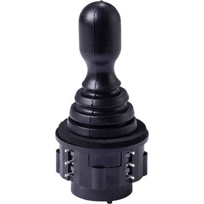Een zwarte, verticale joystick met meerdere contactpunten aan de basis, gebruikt voor het besturen van elektronische apparaten.