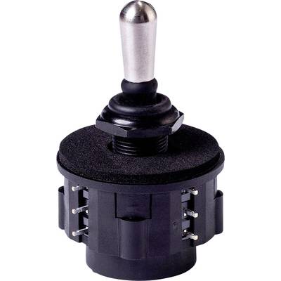 Een joystick-schakelaar met een metalen hendel en een zwarte behuizing, geschikt voor elektronische besturingstoepassingen.