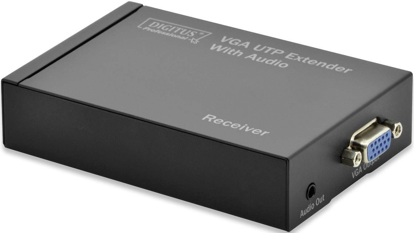 Een zwarte VGA UTP-extender met audiofunctie, opschrift 'VGA UTP Extender with Audio, Receiver', VGA-aansluiting, audio-uitgang.