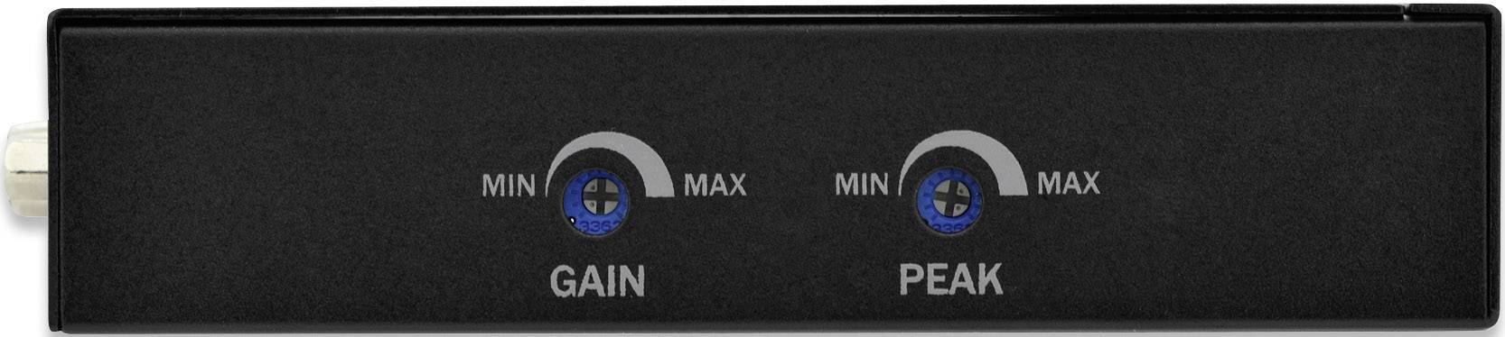 Zwart audioapparaat met twee draaiknoppen. Links: 'GAIN', rechts: 'PEAK', beide met schaal van 'MIN' tot 'MAX'.