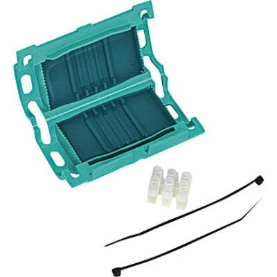 Kabelverbindingsset bestaande uit een groene kunststofklem, drie transparante verbindingsklemmen en twee zwarte kabelbinders.
