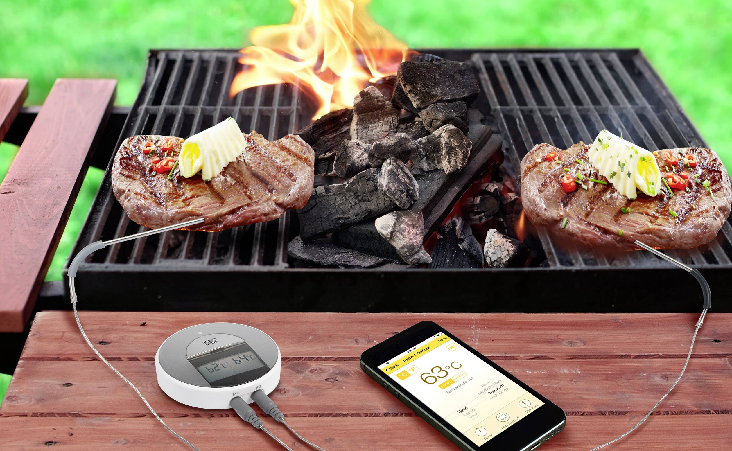 Barbecuethermometer Gratis app, Kabelsensor, Alarm, Automatische uitschakeling Renkforce-4
