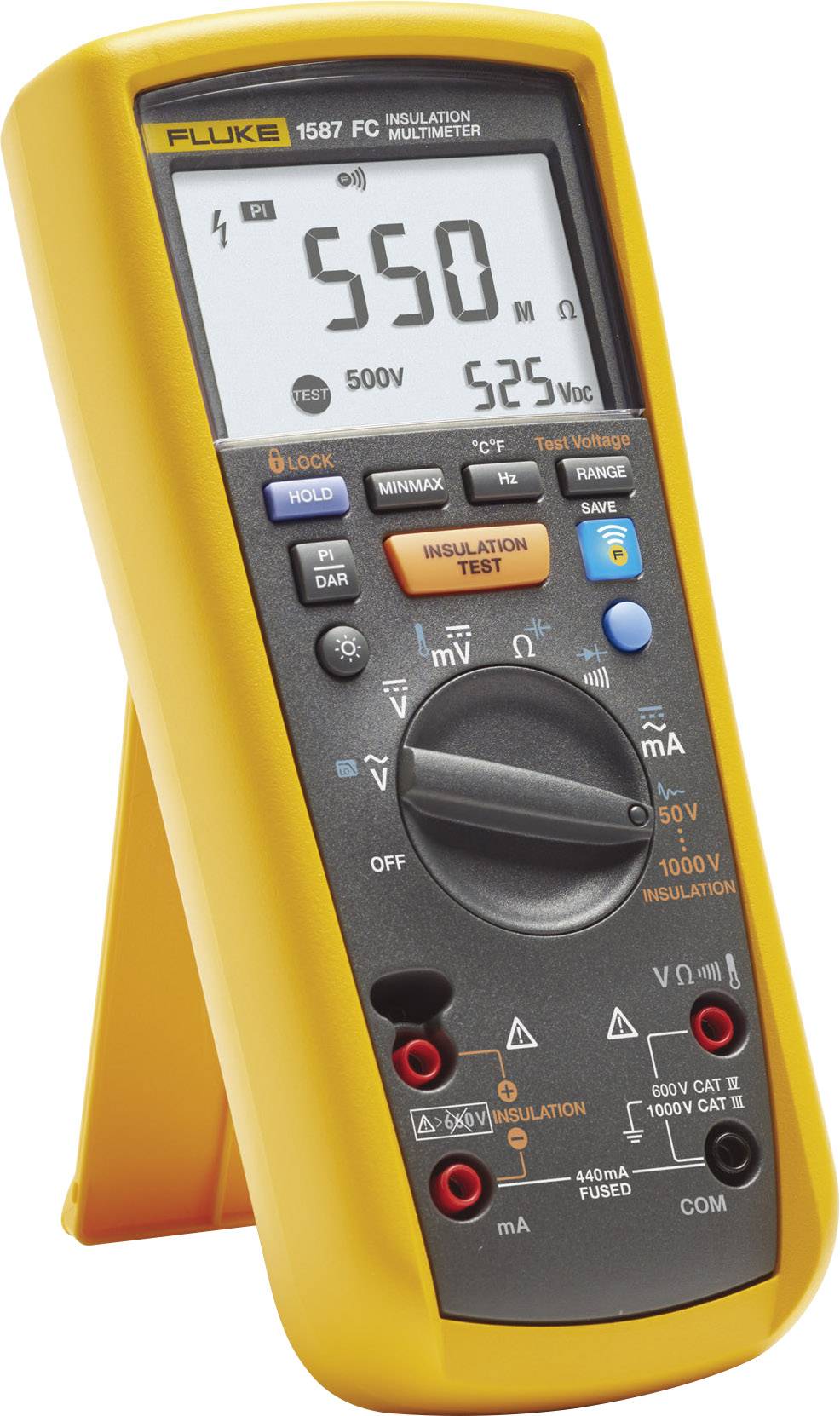 Digitale multimeter met een gele behuizing toont een meetwaarde van 550 ohm. Verschillende modi en meetopties zijn zichtbaar.