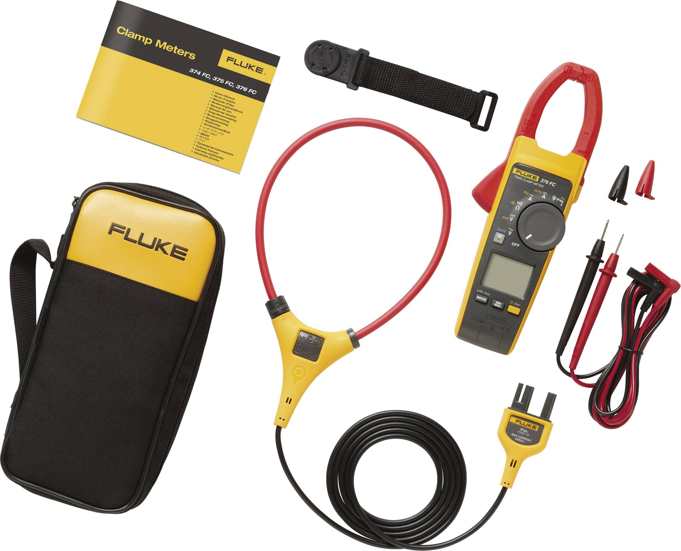 Multimeter-set met koffer, inclusief meetapparatuur, kabels en handleiding. Hoofdapparaat met display, krokodilklemmen en flexibele meetring.