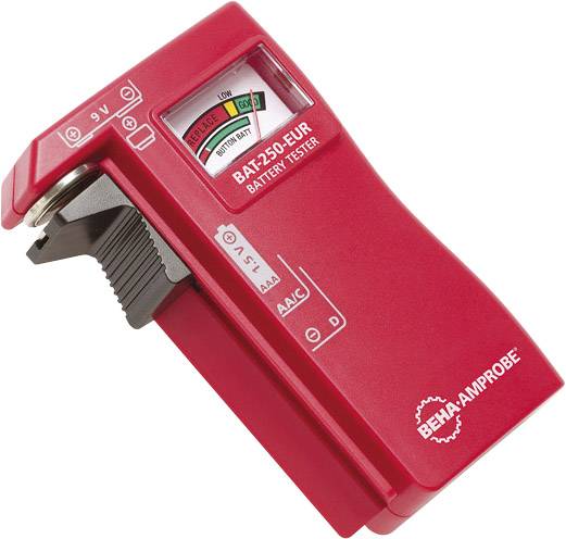 Rood batterijtesters 'BEHA-AMPROBE BAT-250-EUR' met analoog display voor het controleren van de batterijstatus: "Goed", "Zwak", "Vervangen".