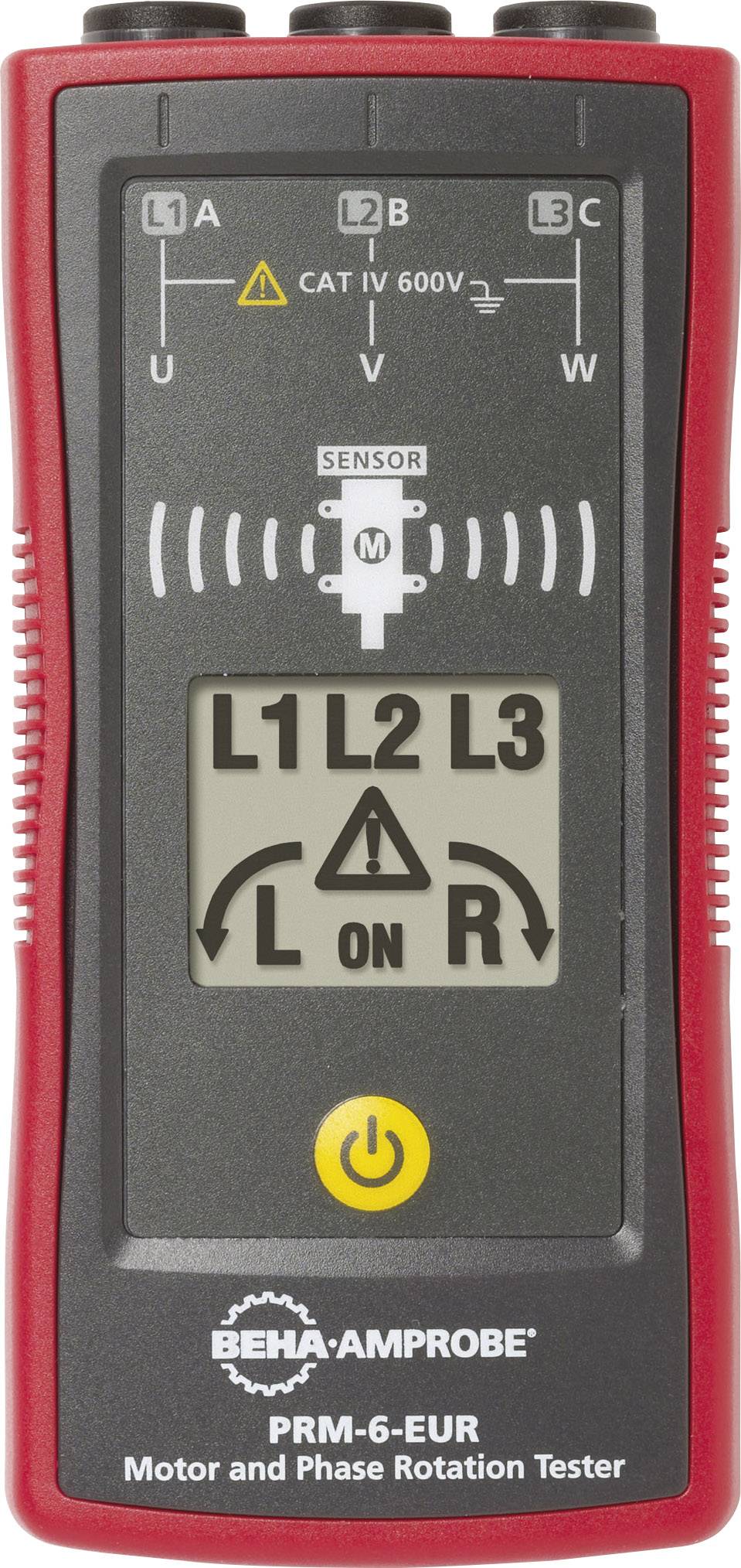 Handapparaat voor het controleren van motor- en fasevolgorde, model PRM-6-EUR, met drie aansluitingen L1, L2, L3, en sensor bovenaan.