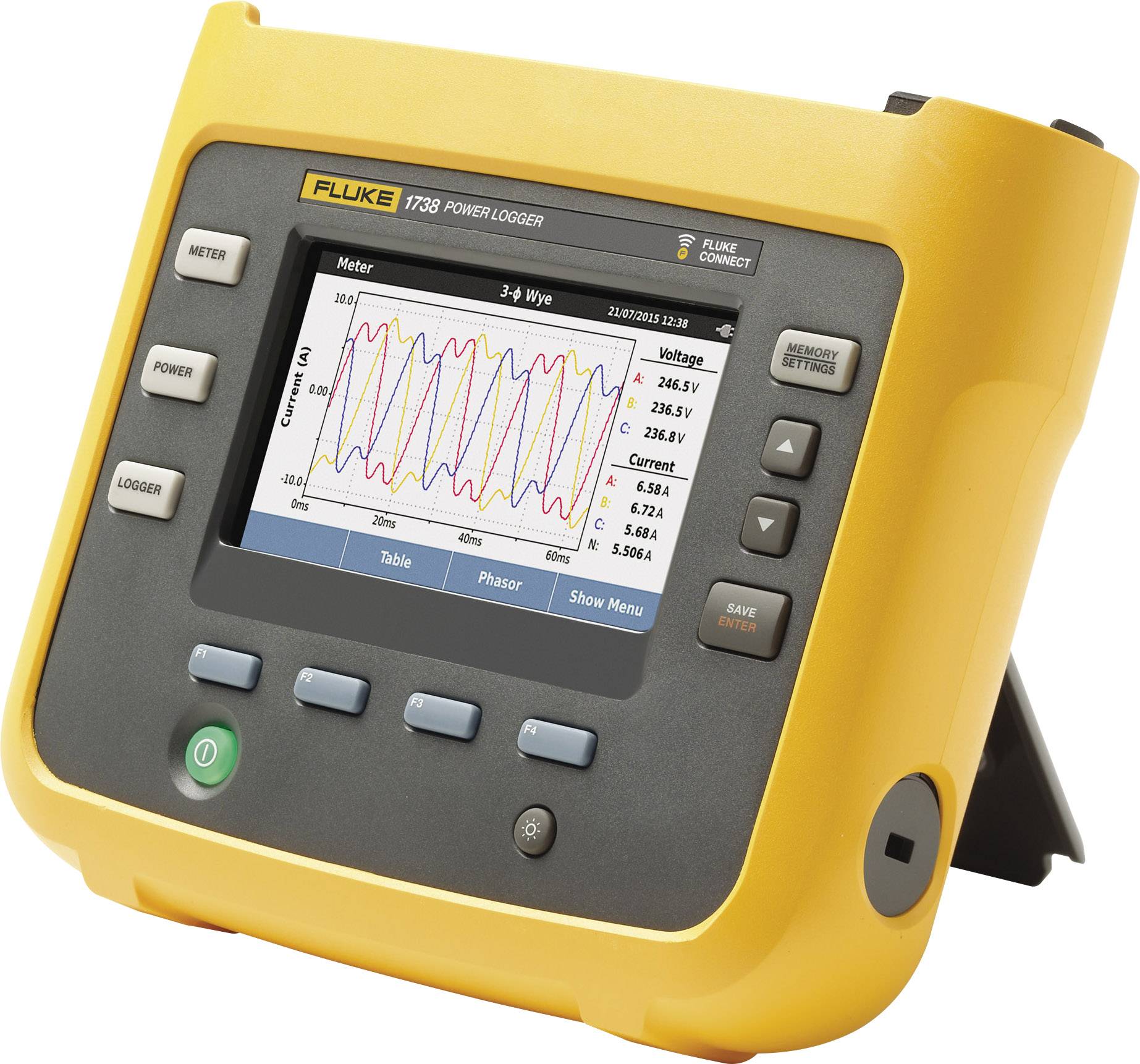 Een geel draagbaar apparaat voor het meten van elektrische parameters toont op het scherm een golfvormige grafiek van spanning en stroom.
