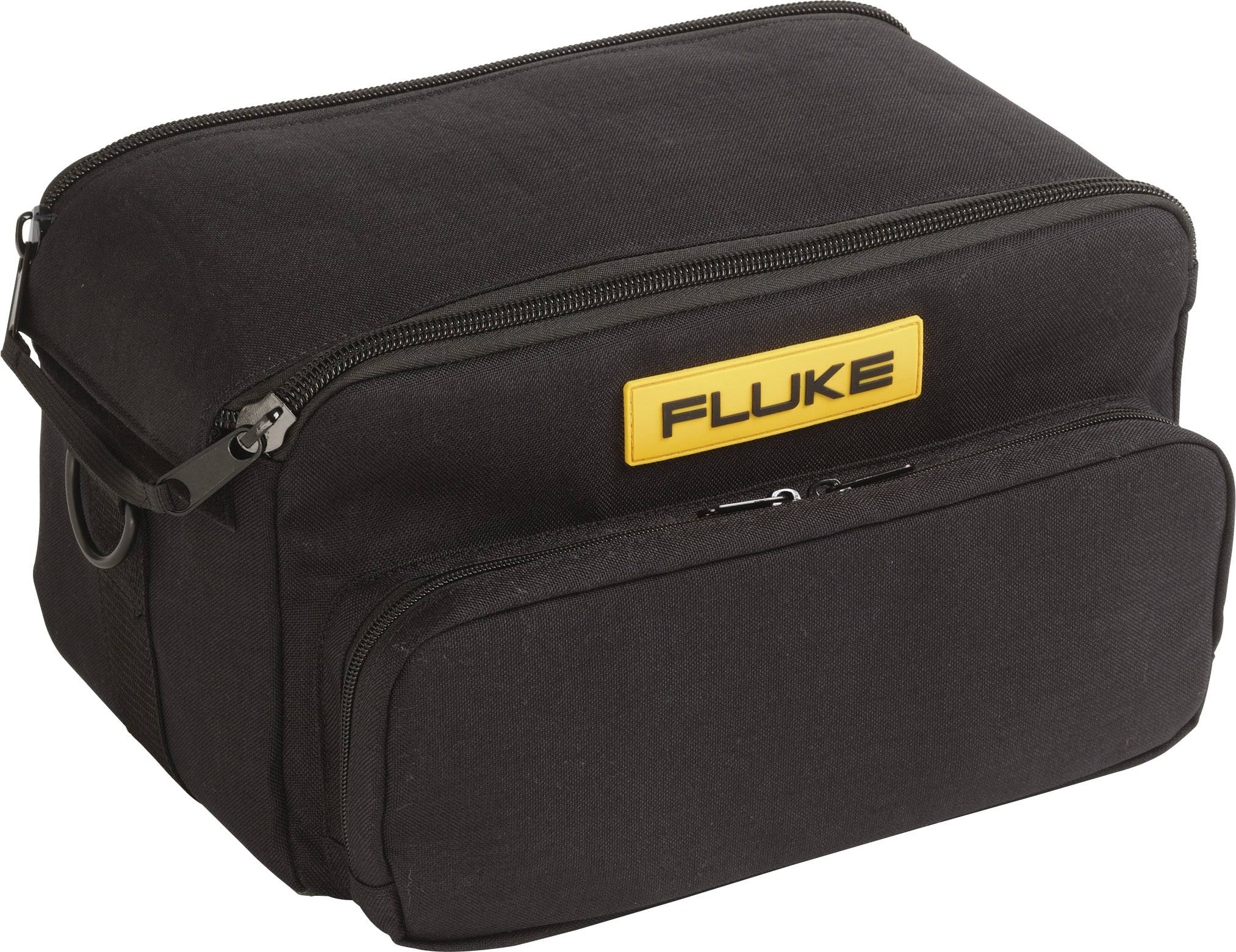 Zwarte tas met twee ritssluiting compartimenten, daarop een geel logo met opschrift 'FLUKE'.