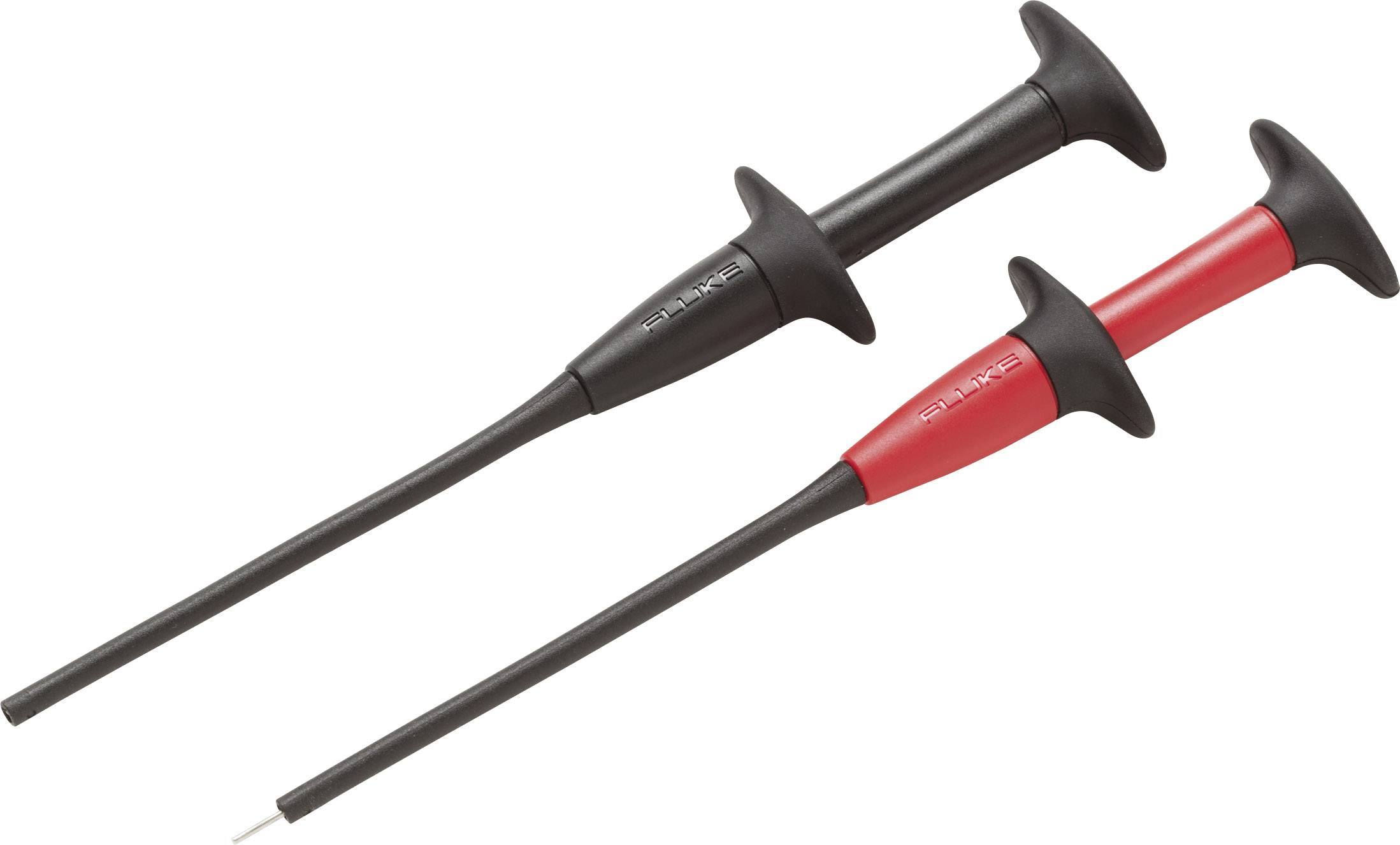 Twee meetpennen: een zwart, een rood. Beide zijn voorzien van ergonomische handgrepen en dunne punten voor nauwkeurige elektrische metingen.