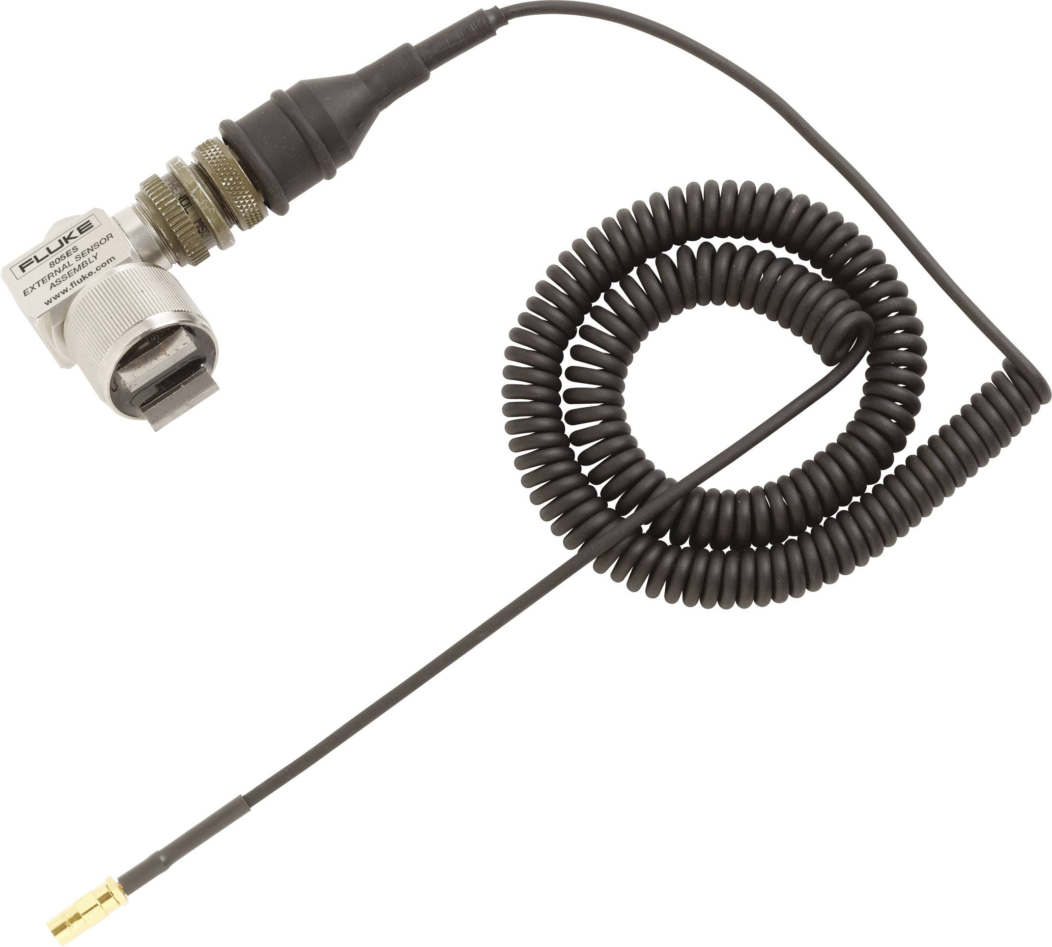 Een spiraalkabel met steekverbinding, geschikt voor elektrische meetapparatuur, toont een robuuste aansluiting aan de ene kant en een bus aan de andere kant.