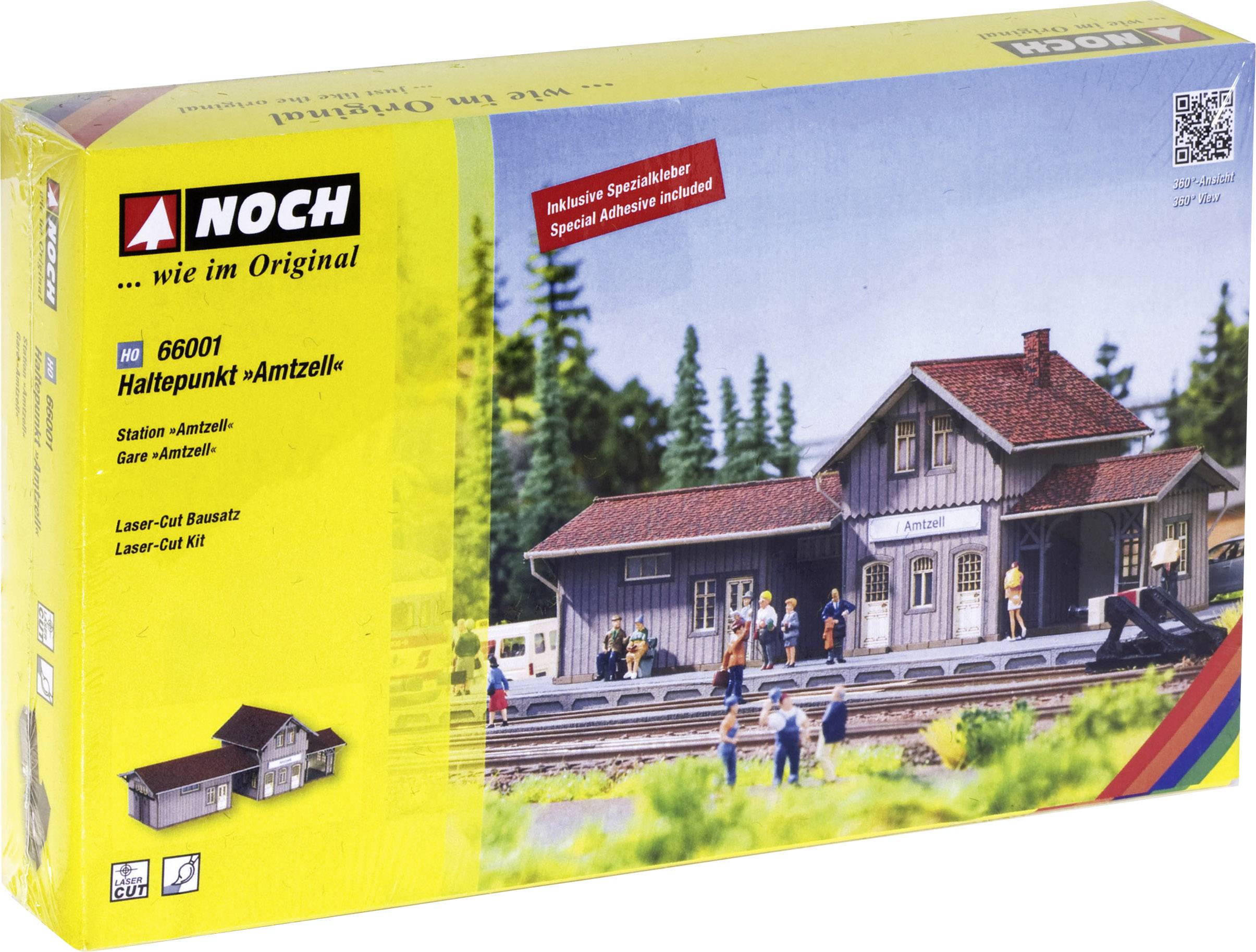 Doos van een modeltreinstation van NOCH 'Halteplaats Amtzell' in laser-cut bouwpakket, toont het station met omgeving en details.
