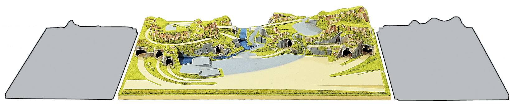Model van een recreatiepark met watervallen, rivieren, bruggen en groene terreinen, weergegeven in een driedimensionale weergave.