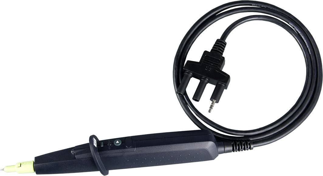 Een elektrische spanningszoeker met spiraalvormige kabel en tweepolige stekkerverbinding, gebruikt voor het controleren van elektrische systemen.