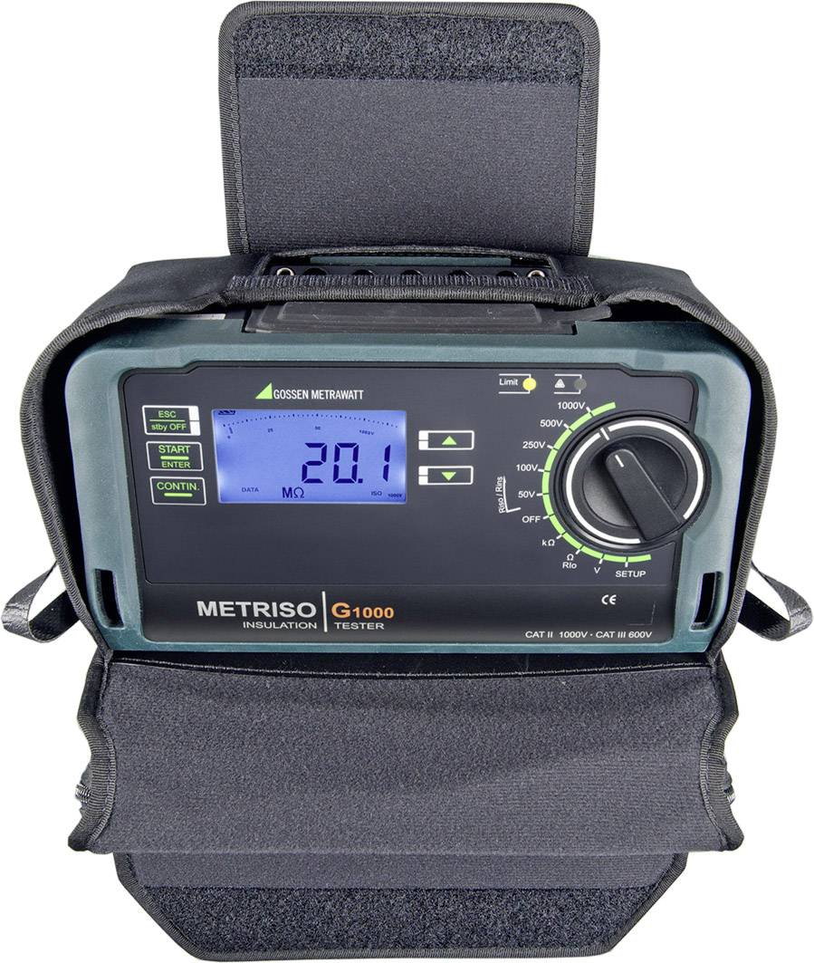 Een Metriso G1000-isolatiemeetapparaat met een digitaal display dat '20,1 MΩ' weergeeft. Het apparaat bevindt zich in een zwarte tas.