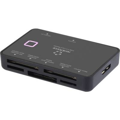 Een zwarte USB 3.0 kaartlezer met meerdere sleuven voor verschillende kaarttypen. Merknamen en symbolen zijn zichtbaar.