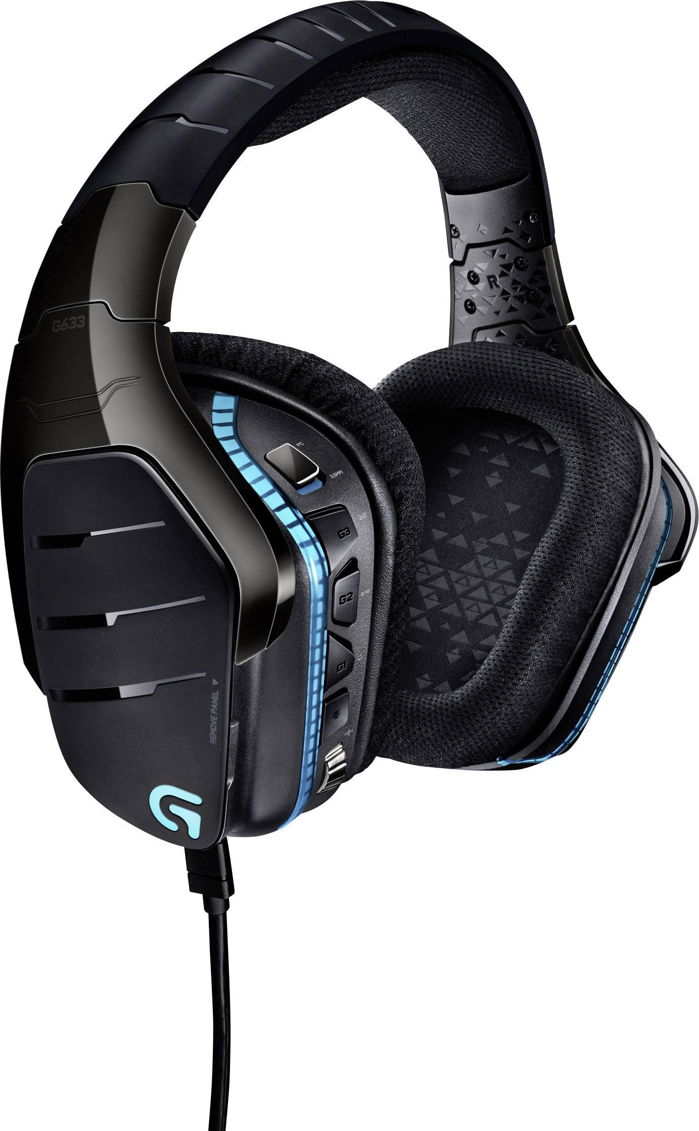 Zwart gaming-headset met blauwe accenten en geïntegreerde microfoon, over-ear, bedraad, met bedieningselementen op de oorschelp.