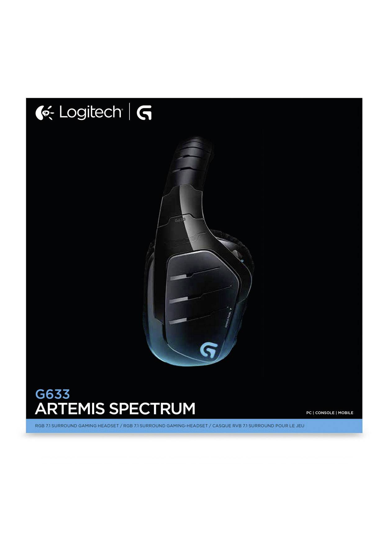 Koptelefoon productafbeelding van Logitech met modelaanduiding 'G633 Artemis Spectrum', geschikt voor pc, console en mobiele apparaten.