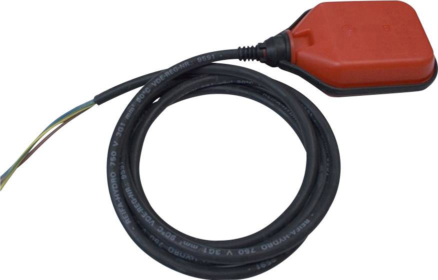 Een rode vlotterschakelaar met een lang, zwart snoer dat los is opgerold. Gebruikt voor het controleren van vloeistofniveaus.