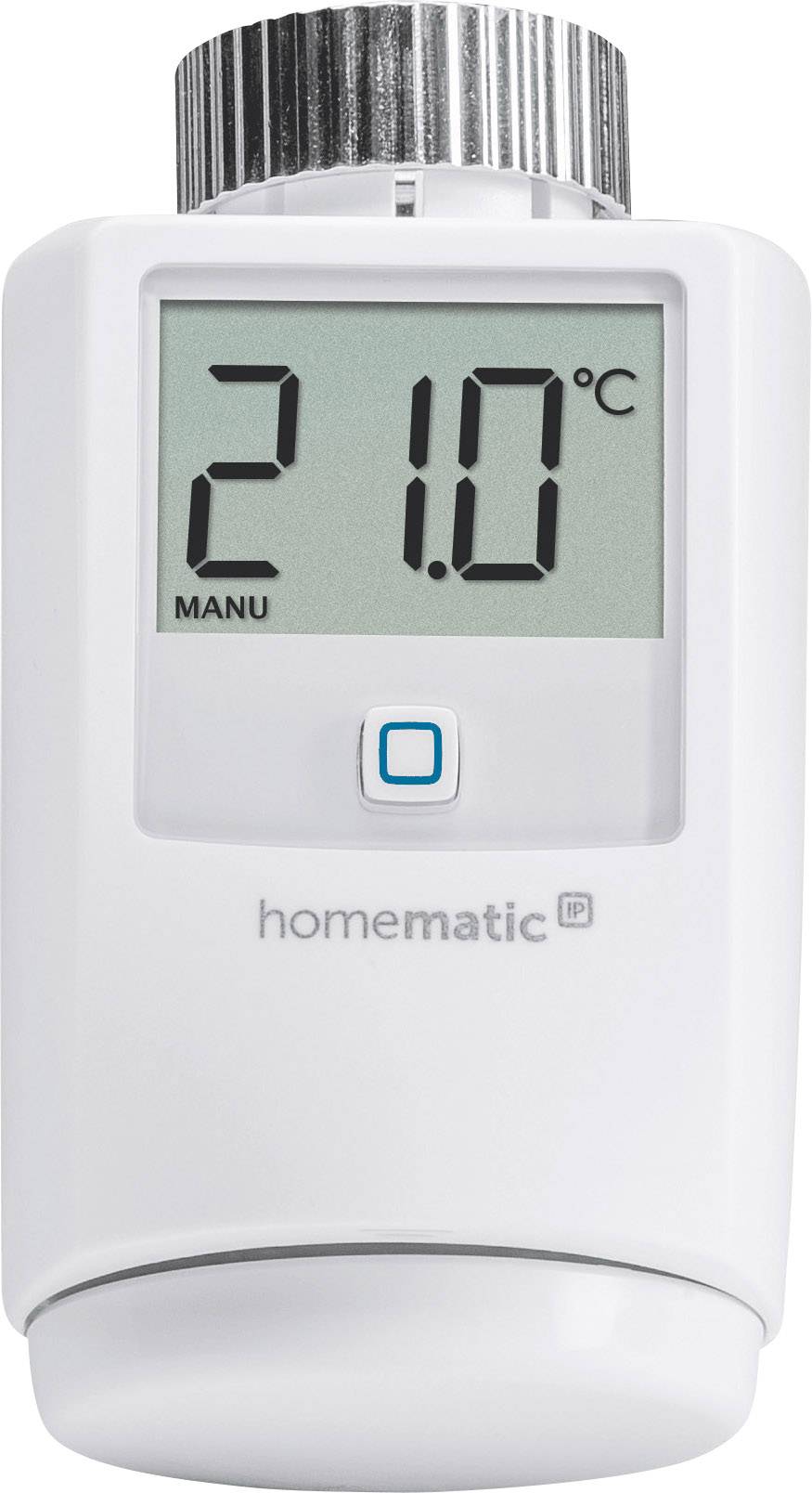 Een wit, digitaal thermostaat met displayweergave '21,0°C' en 'MANU'. Merknaam 'homematic IP' eronder. Regelt de kamertemperatuur.