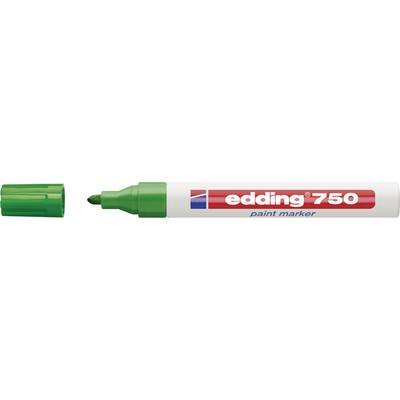 Groene Edding 750 lakmarker met verwijderde dop, punt zichtbaar, rood logo met witte tekst 'edding 750 paint marker'.