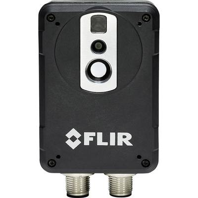 Een FLIR-warmtebeeldcamera met twee lenzen, die warmtebeelden vastlegt voor toezicht of analyse. Hij heeft twee kabelaansluitingen.