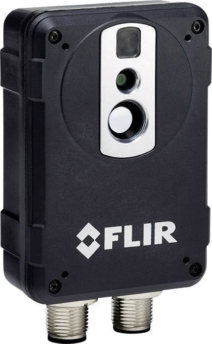 Zwarte FLIR-camera met twee lenzen, gebruikt voor thermische beeldregistratie, uitgerust met twee aansluitstekkers onderaan.