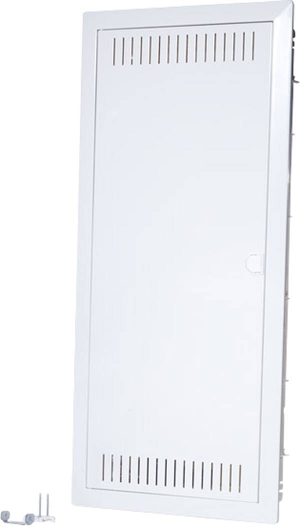 Witte metalen ventilatiekast met ventilatiesleuven links en rechts van de deur; links onderaan twee schroeven.